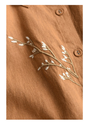 Áo sơ mi linen dài tay cổ đức thêu hoa vạt mullet - NU9798