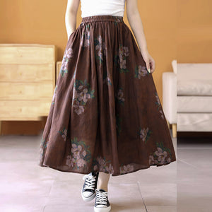 Chân váy linen retro lưng thun in hoa trà - NU9990