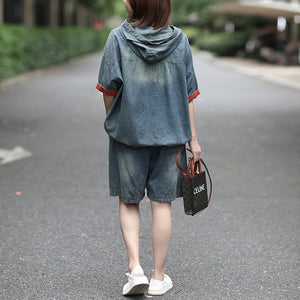 Bộ đồ denim gồm quần sooc  và áo hoodies ngắn tay - B001