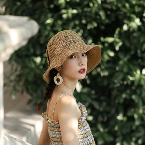 Mũ cói móc tay retro kiểu đính nơ - M004