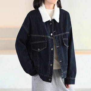 Áo khoác denim dài tay cổ đức lót lông - A653