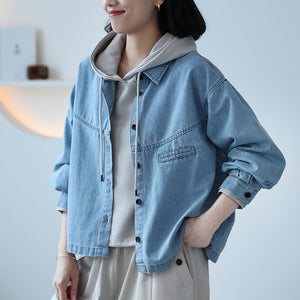 Áo khoác denim dài tau cổ đức một túi ngang nhỏ - A057