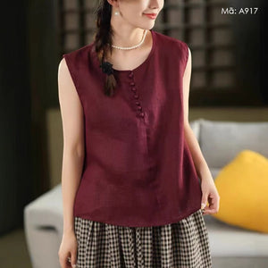 Áo T-shirt linen sát nách cổ tròn khuy bọc - A917