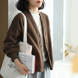 Áo khoác nhung cardigan dài tay cổ V hai túi - A403