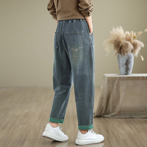 Quần baggy denim lưng thun ống côn thêu đám mây cười - Q052