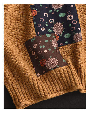Áo len đan dài tay cổ tròn chắp vá vải hoa - NU9459