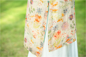 Đầm liền linen ngắn tay cổ tròn kiểu sườn xám in hoa lá - NU9988