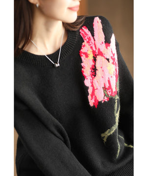 Áo len đan hình hoa hồng dài tay cổ tròn - NU9379