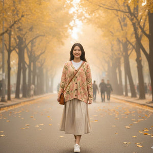 Áo khoác len cardigan dài tay cổ V in màu loang hai túi - A527