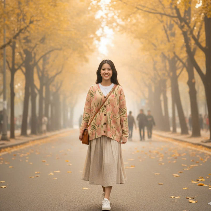 Áo khoác len cardigan dài tay cổ V in màu loang hai túi - A527