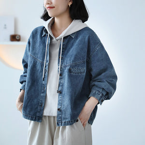 Áo khoác denim dài tau cổ đức một túi ngang nhỏ - A057