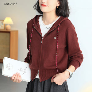 Áo khoác len cardigan dài tay có mũ đơn sắc - A646