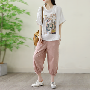 Áo T-shirt linen ngắn tay cổ tròn in hoa bách hợp - NU10216