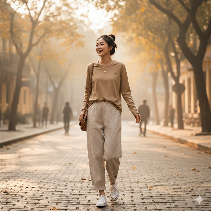 Áo T-shirt dài tay cổ tròn đơn sắc thêu R - A099