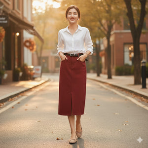 Chân váy denim retro túi kiểu kèm thắt lưng xẻ tà - V028