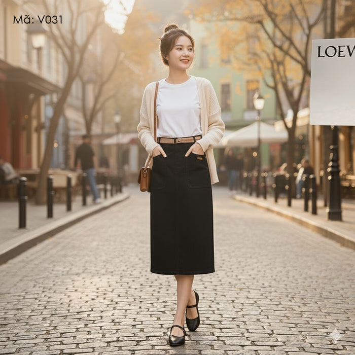 Chân váy retro lưng cao túi vuông kèm thắt lưng - V031