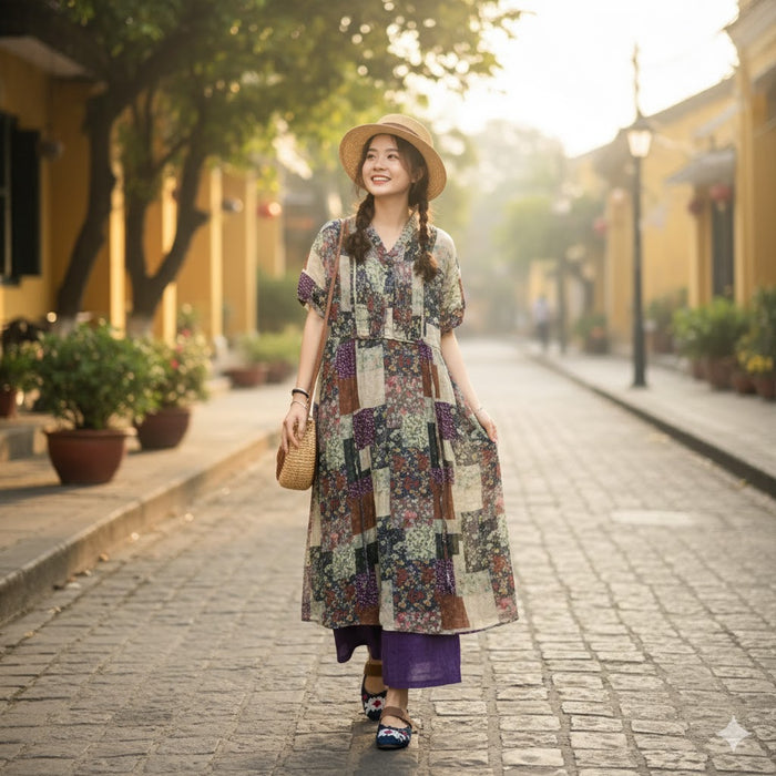 Đầm liền linen ngắn tay cổ V in mảng hoa lá retro - D001