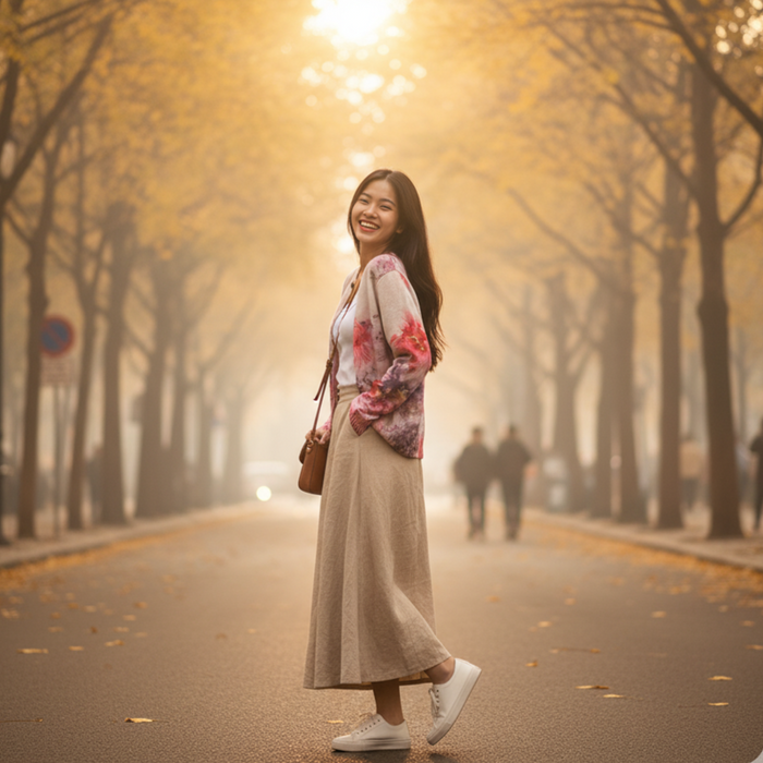 Áo khoác len cardigan cổ tròn in hoa dâm bụt - A539