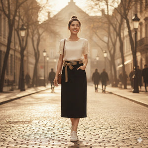 Chân váy retro lưng cao kèm thắt lưng - V039