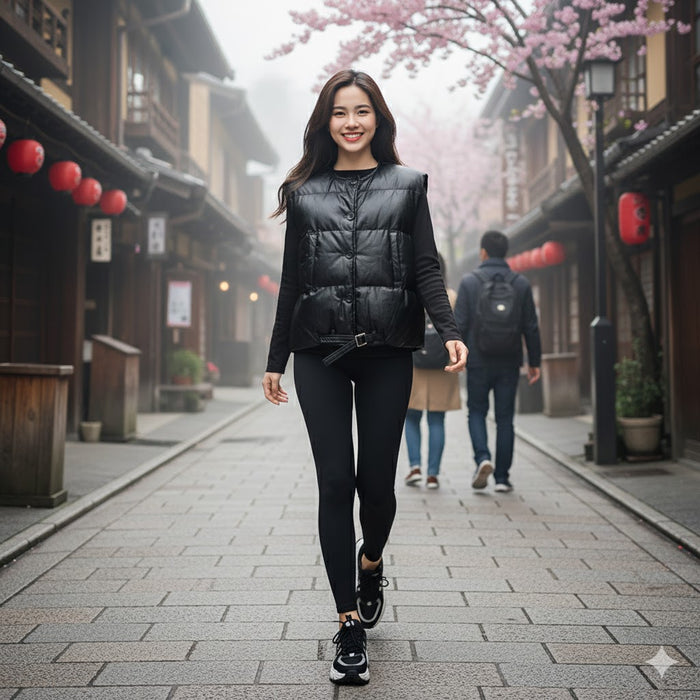 Áo khoác gile lông vũ cổ tròn vạt bo - A488