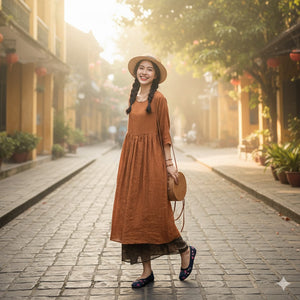 Đầm liền linen ngắn tay cổ tròn eo xếp ly dây rút - NU10425