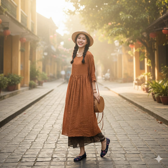 Đầm liền linen ngắn tay cổ tròn eo xếp ly dây rút - NU10425