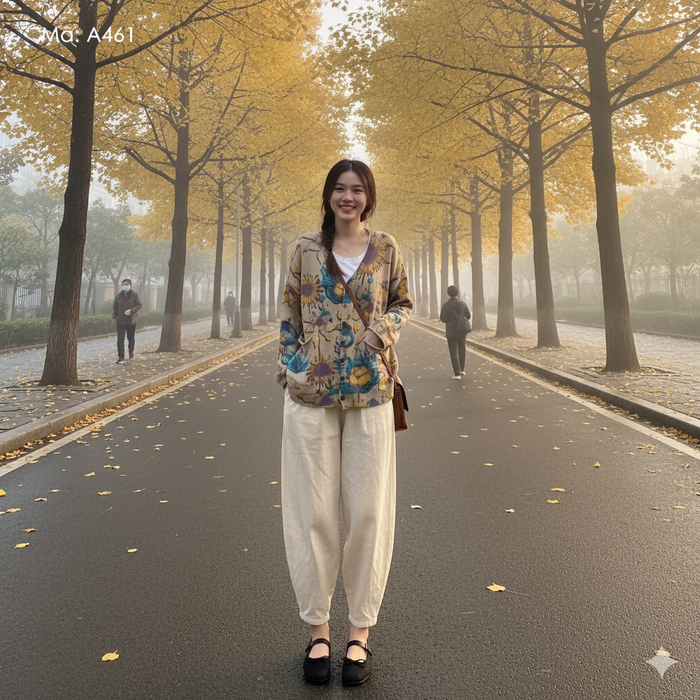 Áo khoác len cashmere dài tay cổ V in hoa lá hai túi - A461