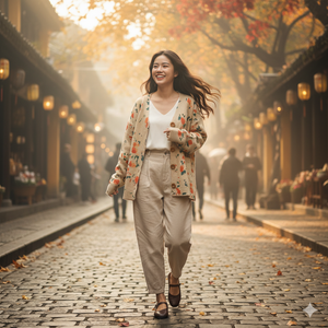 Áo khoác len cashmere dài tay cổ V in trừu tượng hai túi - A477