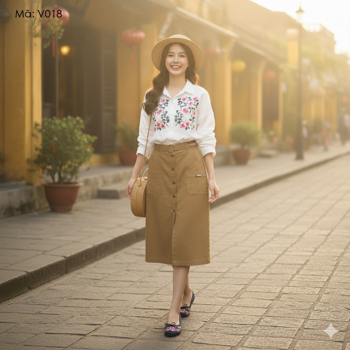 Chân váy retro bốn khuy cài kiểu xẻ trước kèm thắt lưng - V017