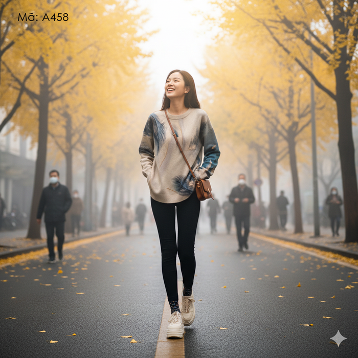 Áo len dài tay cổ tròn in những chiếc lông chim - A458