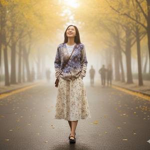 Áo khoác len cardigan dài tay cổ tròn in hoa retro - A529