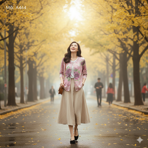 Áo khoác len cardigan dài tay cổ tròn in bông hồng - A464