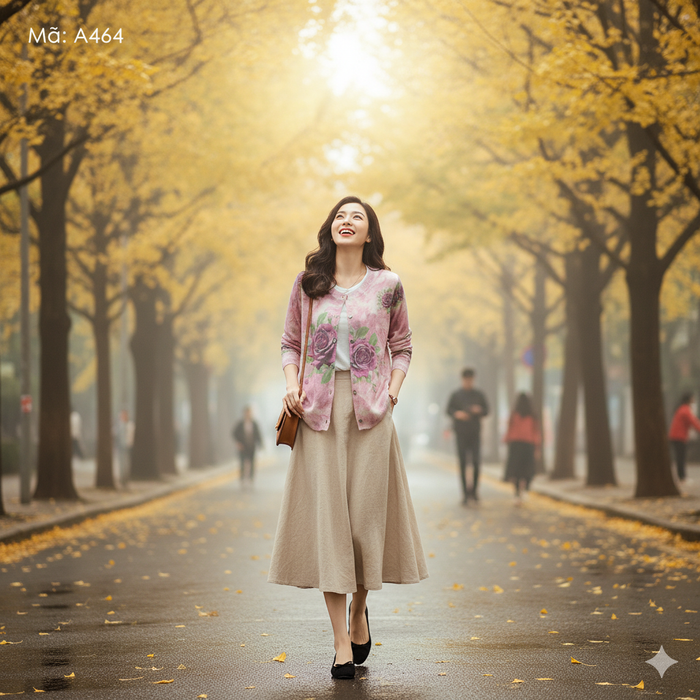 Áo khoác len cardigan dài tay cổ tròn in bông hồng - A464