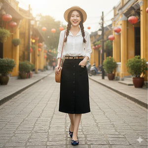 Chân váy retro hai túi vuông khuy cài kèm thắt lưng - V020