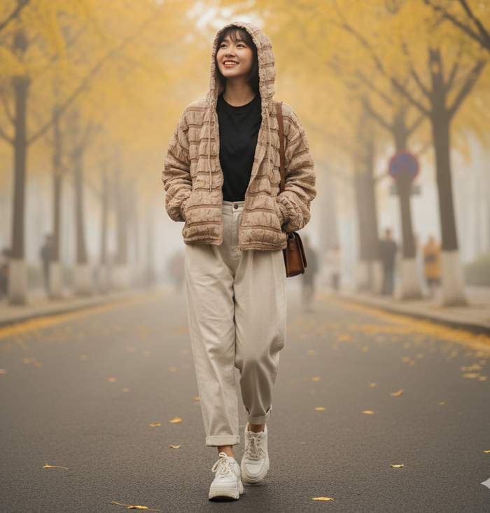 Áo khoác dài tay trần kiểu có mũ - A434