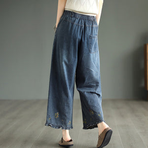 Quần baggy denim lưng cao ống rộng thêu hoa văn - NU8886