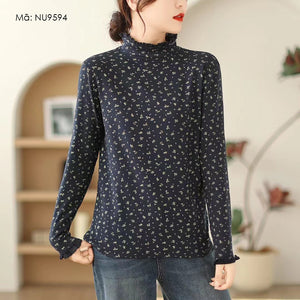 Áo T-shirt dài tay cổ lọ đính ren in hoa liti - NU9592