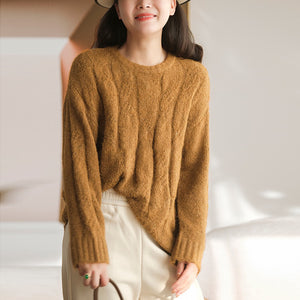 Áo len cashmere dài tay cổ tròn kiểu bện thừng một màu - NU9611