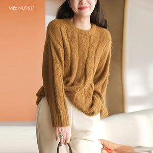 Áo len cashmere dài tay cổ tròn kiểu bện thừng một màu - NU9611