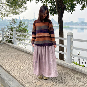 Chân váy linen retro lưng thun thêu hoa lavender - NU9654
