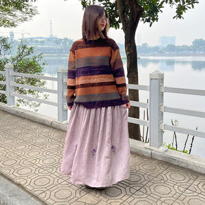 Chân váy linen retro lưng thun thêu hoa lavender - NU9654