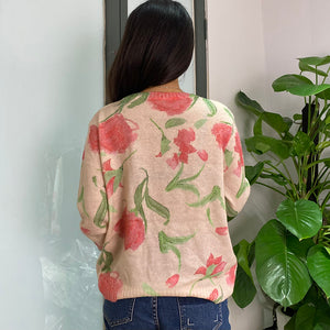 Áo khoác len cardigan dài tay cổ tròn in hoa màu hồng - A530