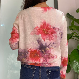 Áo khoác len cardigan cổ tròn in hoa dâm bụt - A539