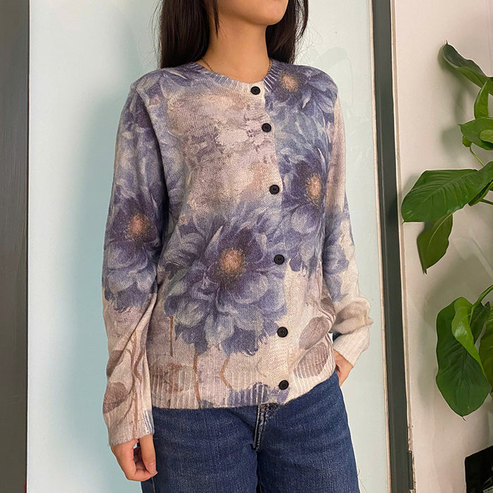 Áo khoác len cardigan dài tay cổ tròn in hoa retro - A529