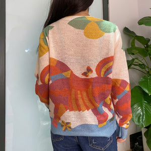 Áo khoác len cardigan dài tay cổ tròn in chú ngựa - A528