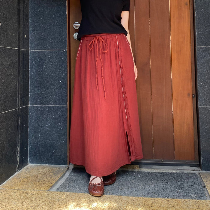 Chân váy linen retro lưng thun vạt xẻ đơn sắc - V115