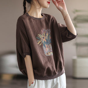 Áo T-shirt ngắn tay cổ tròn bo viền in bình hoa - NU7501