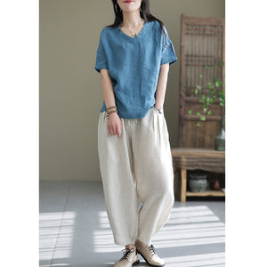 Áo sơ mi linen ngắn tay cổ V một màu - NU6925