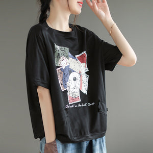 Áo T-shirt linen dệt kim ngắn tay cổ tròn in mặt chú gấu - NU8537