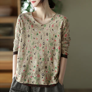 Áo T-shirt dệt kim dài tay cổ V in hoa lá - NU7764